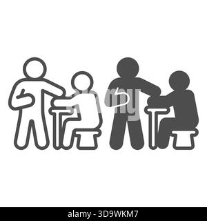 Investigator with suspect man line and solid icon, police force concept. Vector graphics. Man standing at desk, chair with human sign on white backgro Stock Vector
