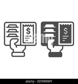Hand with wallet line and solid icon, finance concept. Vector graphics. Purse with bank bill and credit cards in hand, cash sign on white background, Stock Vector