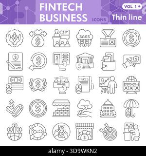 Fintech business symbols collection or sketches, financial theme in thin line style signs for web and app. Vector graphics isolated on white backgroun Stock Vector