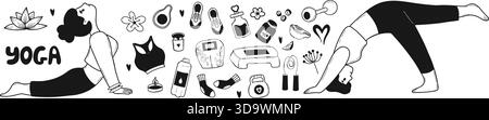 Yoga Fitness Workout Doodle set. Woman Practicing Cobra and Wheel Pose With Equipment and Wellness Accessories. Isolated Hand Drawn on White. Vector i Stock Vector