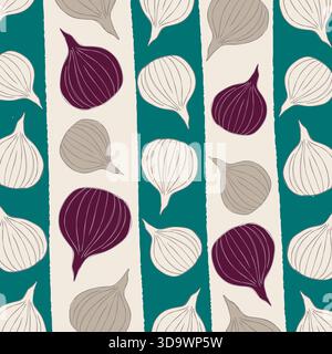Seamless pattern with purple and grey onions on teal and white stripes Stock Vector