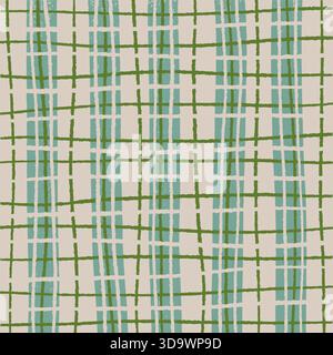 Hand drawn checkered grid seamless pattern in green and teal on beige background Stock Vector