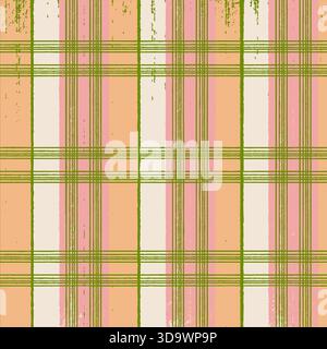 Distressed grunge plaid tartan seamless pattern in pink orange and green Stock Vector