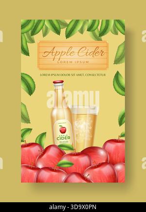 Apple cider. 3D fruit or glass bottle. Advertising banner. Sparkling drink. Refreshing natural beer. Cold alcohol juice beverage. Wood board. Realistic ripe harvest. Vector advertisement poster design Stock Vector