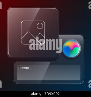 A modern futuristic AI image generator interface designed with a glassmorphism style, soft gradients, neon lighting, and a colorful orb accent Stock Vector