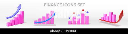 3D graph bar. Investment chart. Stock statistic info histogram with isolated arrow. Up and down forex concept. Pink column investment infochart. Graph economy. Vector analytic report render icons set Stock Vector