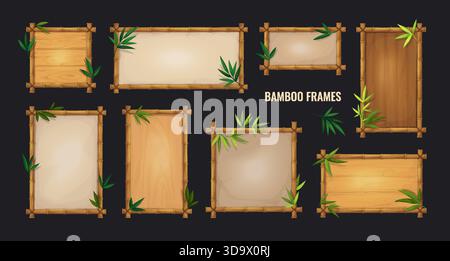Wood sign. Wooden beach frame, bamboo game board or ui Hawaiian signboard. Paper menu button. Empty square framework. Organic poster with copy space, graphic design element. Vector isolated panel set Stock Vector