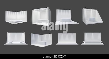 3d booth. Exhibition stand design, wall display and white show podium with spotlight, empty platform different angles view. Stage for fair, product presentation in market, trade show. Vector mockup Stock Vector