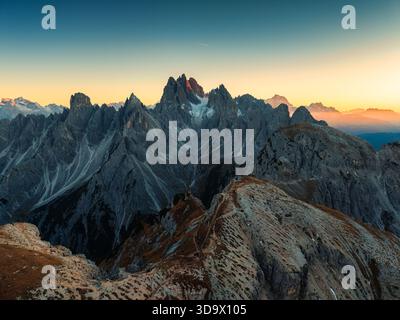Aerial view of the dramatic jagged rock formations and coastal cliffs ...