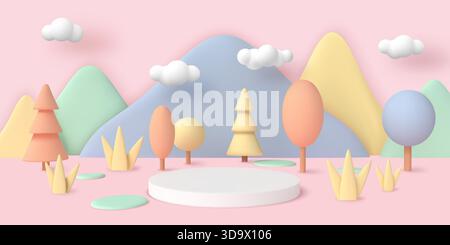 Podium in trees. 3d spring scene with product pedestal, pastel floral geometric stand in nature park, mountains and trees. Minimal scene ecological environment. Cute forest. Vector render background Stock Vector