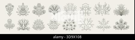 Art deco flowers. Botanical floral logo. Geometric line frame. Boho plant corner. Abstract bohemian ornament. Symmetry natural branch with blossoms or berries. Outline bush. Vector sketch elements set Stock Vector