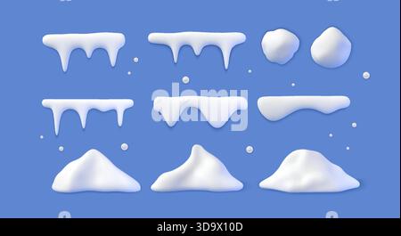 3d snow. Winter cap, ball and pile, white frame, white snowball ice shapes snowdrifts. Icicle holiday box or button, frozen roof corner. Objects for Christmas design. Vector render isolated elements Stock Vector