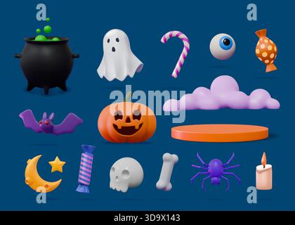 3D Halloween. Autumn holiday elements. Candy cloud. Pumpkin Jack. Skeleton bone and skull. Magic potion cauldron. Cute spider. Bat and ghost. Podium stage for party. Vector render plastic objects set Stock Vector