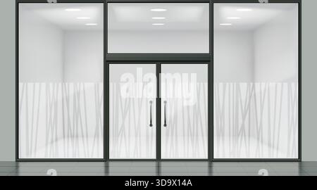 Glass office. Frost wall design pattern. Shop building storefront. Empty boutique. Abstract vinyl film graphic or 3d line door texture. Window mural print shapes. Vector architecture exterior mockup Stock Vector