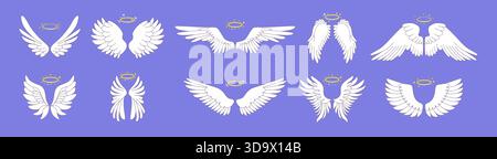 Cute wings. Angel halo icon, simple flying white feather or holy fantasy heaven, gold nimbus collection. Graphic spread art. Angelic decorative symbol. Vector cartoon flat style isolated illustration Stock Vector