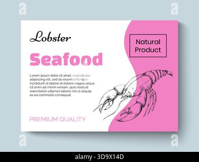 Seafood poster. Sea lobster label. Ocean animal sketch. Fishing and delicacy market. Natural product brochure. Engraving crab card. Crayfish and mollusk drawing. Vector food sticker design template Stock Vector
