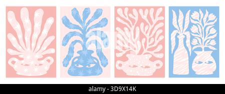 Abstract art. Modern plant shapes. Contemporary Scandinavian poster or trendy flower inspired minimal collage. Vase bouquet. Simple pot for botanical branches. Vector floral doodle pastel cards set Stock Vector