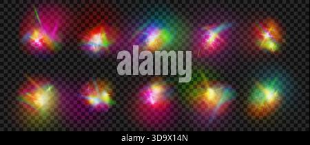 Light flare. Rainbow crystal or diamond prism sparkle. Realistic overlay lens iridescent beam. Particles refraction. Starlight spectrum on transparent background. Kaleidoscope rays. Vector effects set Stock Vector