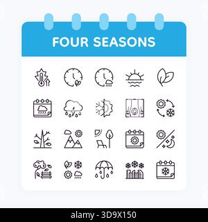 All seasons. Morning, night and evening day time. Early afternoon dawn. Seasonal weather. Sun clock. Midnight moon. Meteorology signs. Calendar symbol. Rain cloud and cold snow. Vector line icons set Stock Vector