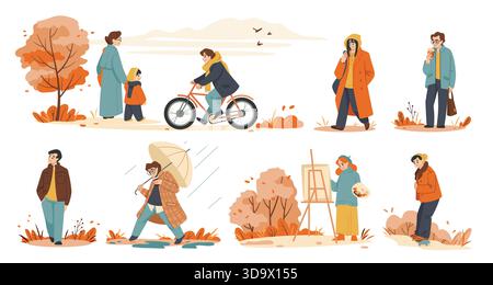 Autumn walk. Family ride on bike, people sport run or bicycle characters. Children in raincoat in outdoor park, couple fitness in rainy weather. Vector cartoon flat style isolated illustration set Stock Vector