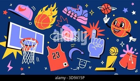 Basketball game. Cartoon basket ball doodle. Retro groovy referee competition with whistle. Scoreboard and stadium field. Athletic playground. Streetball sportwear. Play tournament. Vector cartoon set Stock Vector