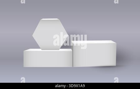 3d stand composition. White empty product podium, blank platform for presentation and exhibition, block stage with shadows, square column, minimal shape, showroom background. Vector isolated mockup Stock Vector