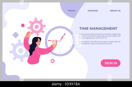 Time management landing page. People organize productive workflow. Efficient woman with clockwork. Website design template. Deadline control. Agenda plan timetable. Goals organizer. Vector background Stock Vector