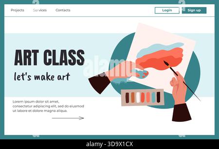 Hands making notes. Art class landing page. Painter education course. Website design template. Arms painting picture. Artistic hobby studio. Craft learning. Fingers hold paintbrush. Vector background Stock Vector