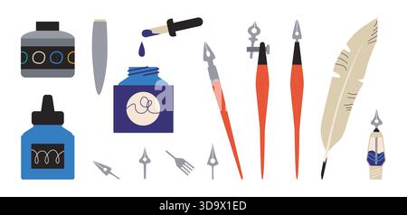 Sketchbook tools. Painter accessories collection. Stationery for drawing. Calligraphy feather quill with metal nibs. Artistic craft. Ink pen or isolated paint bottle with dropper. Vector elements set Stock Vector
