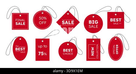 Price tag. Sale label, red discount icon or flag, sticker shop element. Retail offer paper sign, promotion marketing, special offer coupon. Vector sticker design, isolated realistic element emblem set Stock Vector