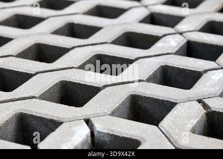 Checkered Concrete Cinder Tiles Of A Garden Sidewalk Lawn In Palette. Turf Grass Block Paving Stones. Grasscrete is eco friendly material for driveway Stock Photo