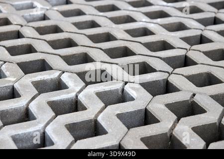 Checkered Concrete Cinder Tiles Of A Garden Sidewalk Lawn In Palette. Turf Grass Block Paving Stones. Grasscrete is eco friendly material for driveway Stock Photo
