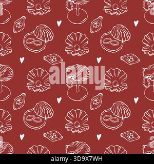Seamless pattern of seashell wedding decor. Mediterranean, nautical-themed wedding. Hand-drawn white seashells, wine glasses, ring boxes, beads, and pearls on a red background. Coastal and beach theme. Vector outline illustration for weddings and Valentines Day Stock Vector