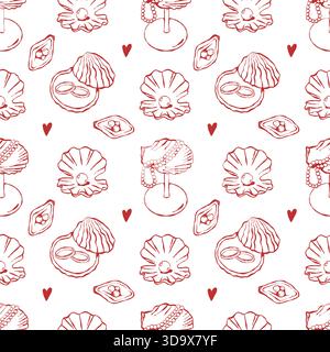 Seamless pattern of seashell wedding decor. Mediterranean, nautical-themed wedding. Hand-drawn red seashells, wine glasses, ring boxes, beads, and pearls on a white background. Coastal and beach theme. Vector outline illustration for weddings and Valentines Day Stock Vector