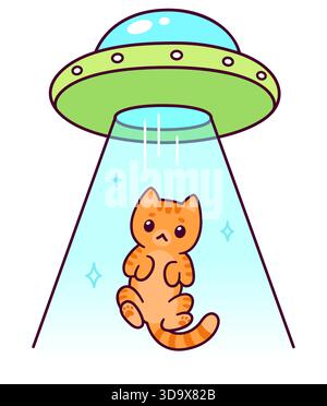 Aliens on flying saucer abduct cat. Funny cartoon UFO drawing, vector illustration. Stock Vector