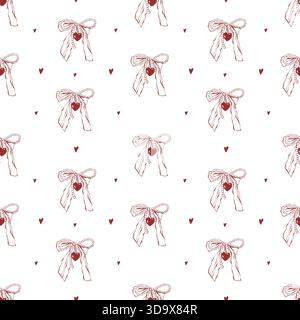 Seamless girly Valentines Day pattern with ribbon bows and hearts. Vintage background with wedding accessories. Vector retro flat illustration of red icons on a white background Stock Vector