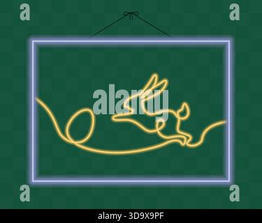 Jumping Rabbit and Easter Egg in Picture Frame hanging on string One continuous line Neon Wall Decor. Isolated Vector illustration Easter Holiday Thematic Card Party Invite Bar Cafe wall Decor leaflet Stock Vector