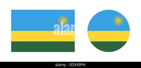 National Rwanda flag rectangular, round flat button, badge, icon collection. Set of Flags of Rwanda in rectangle, circle shape. Stock Vector