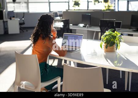 Black woman sitting at oval table viewing spreadsheet on laptop beside leafy plant in office Stock Photo