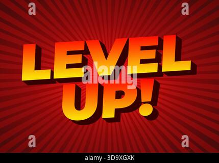 A vibrant graphic featuring the text LEVEL UP! in bold, 3D style with a gradient from yellow to orange, set against a red radial background. Stock Vector