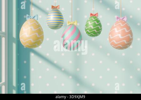 Five colorful Easter eggs with bows hang against a pastel blue polka dot wall, celebrating Easter. 3d rendering Stock Photo