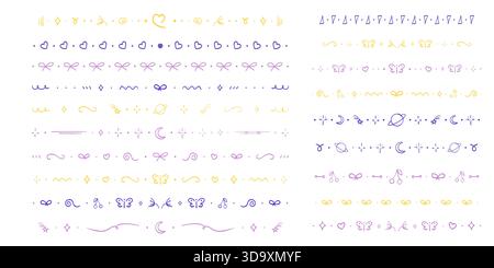 Line divider, cute border hand drawn elements separator. Set geometric doodle frames with bows, hearts, moon. Stars and geometric shapes. Lace horizontal decoration. Vector illustration Stock Vector