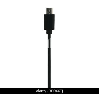 A black and white cord with a white plug. The cord is long and thin, and it is made of plastic. The plug is small and has a white color. The cord is n Stock Photo