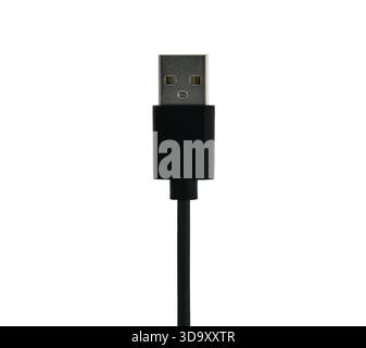 A black USB cable with a white background. The cable is plugged into a computer Stock Photo