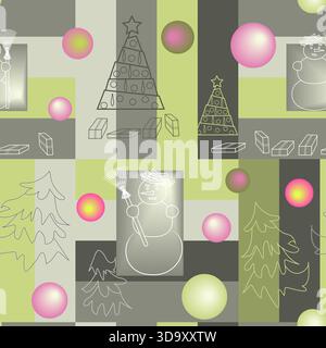 a pattern on a bright multicolored background with snowmen and Christmas trees drawn on it Stock Vector
