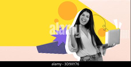 Collage Featuring a Happy Woman Celebrating With a Laptop in a Vibrant, Colorful Setting Stock Photo