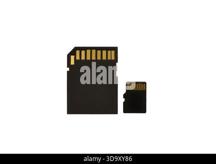 A black and gold memory card sits next to a smaller black and gold memory card. The two cards are identical in size and shape, and both have gold conn Stock Photo
