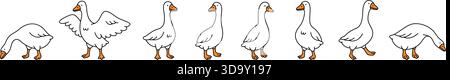 Set of 8 cartoon goose poses in minimalist linear style. Cute expressive birds in various positions on white background Stock Vector