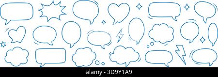 Blue outline comic speech bubbles and thought clouds set. Cartoon doodle talk balloons for chat, comics, and creative illustrations Stock Vector
