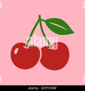 Two cherries with green leaf on pink background. Flat vector fruit illustration for summer, food design and decorative artworks Stock Vector